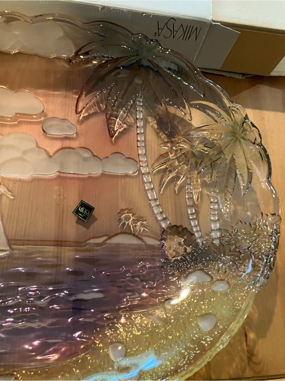 Never used Mikasa Vintage Sunset Bay Hostess Glass Sailboat Platter 18.5”
